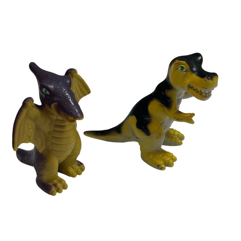 Lot of 2 Purple Yellow Dinosaurs Dinos Rubber Plastic Toys 3"